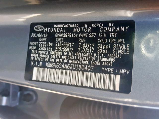 KM8K62AA6JU180407 - 2018 HYUNDAI KONA SEL GRAY photo 10