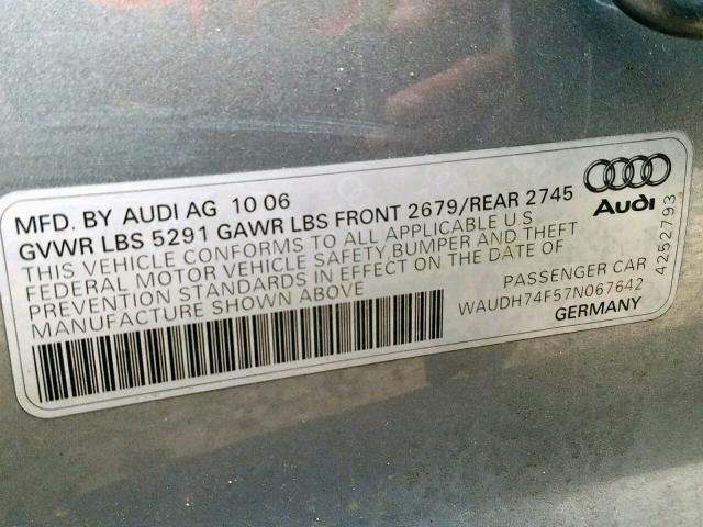 WAUDH74F57N067642 - 2007 AUDI A6 3.2 QUA SILVER photo 10