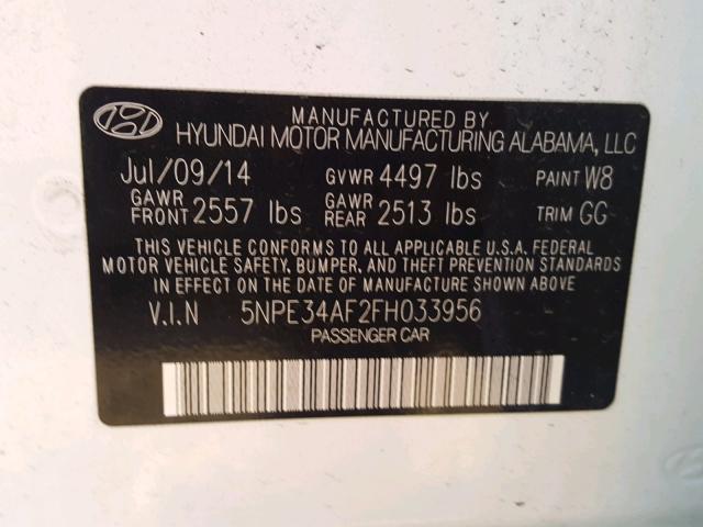 5NPE34AF2FH033956 - 2015 HYUNDAI SONATA SPO WHITE photo 10