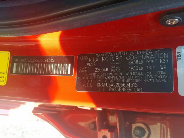 KNAFU5A22D5694515 - 2013 KIA FORTE EX RED photo 10