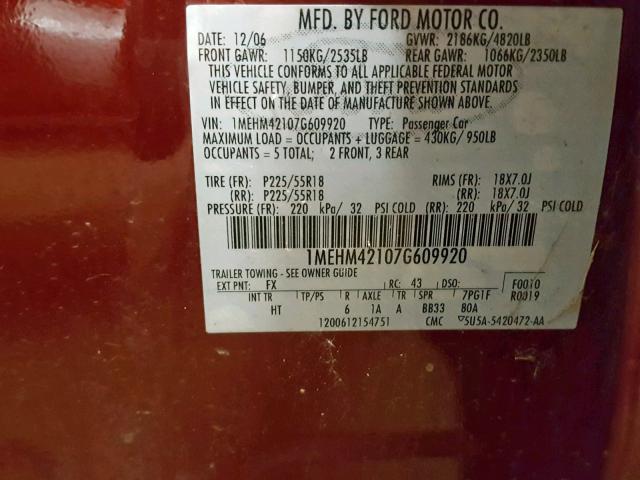 1MEHM42107G609920 - 2007 MERCURY MONTEGO PR 栗色 照片 10