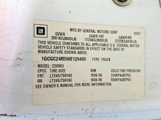 1GCGC24R5WE129499 - 1998 CHEVROLET GMT-400 C2 WHITE photo 10