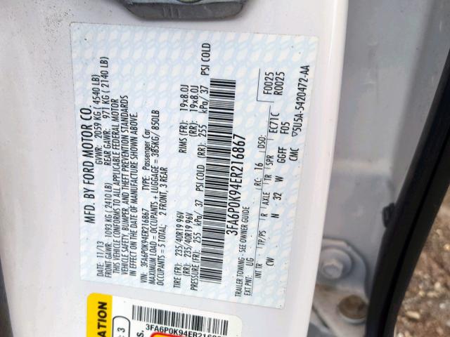 3FA6P0K94ER216867 - 2014 FORD FUSION TIT WHITE photo 10