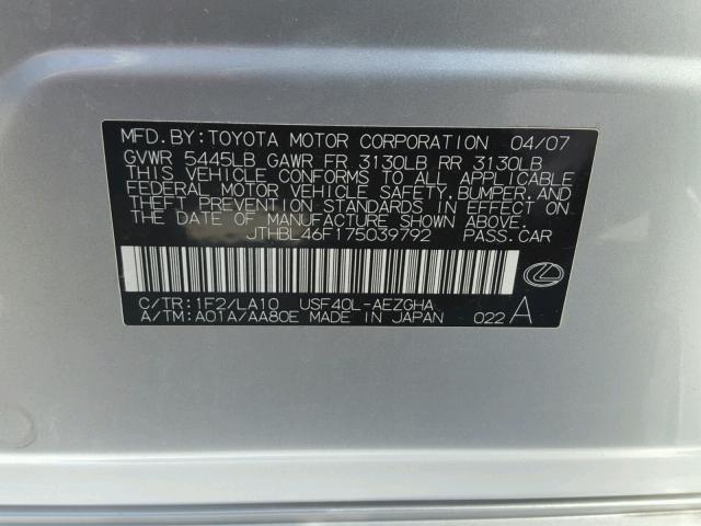 JTHBL46F175039792 - 2007 LEXUS LS 460 SILVER photo 10