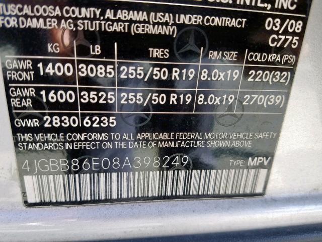 4JGBB86E08A398249 - 2008 MERCEDES-BENZ ML 350 SILVER photo 10