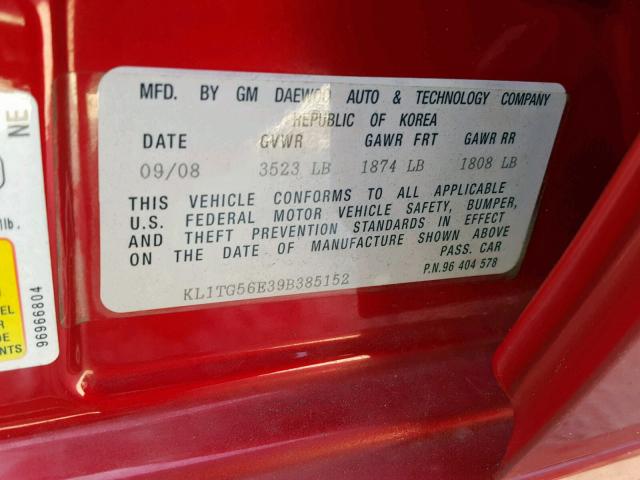 KL1TG56E39B385152 - 2009 CHEVROLET AVEO LT RED photo 10