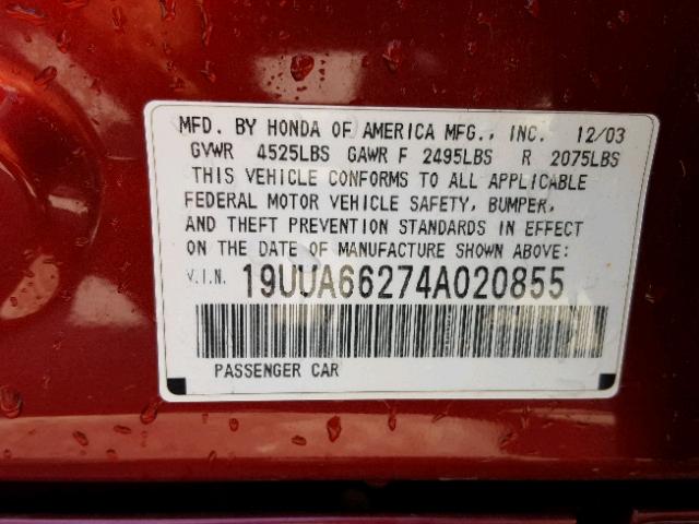 19UUA66274A020855 - 2004 ACURA TL BURGUNDY photo 10