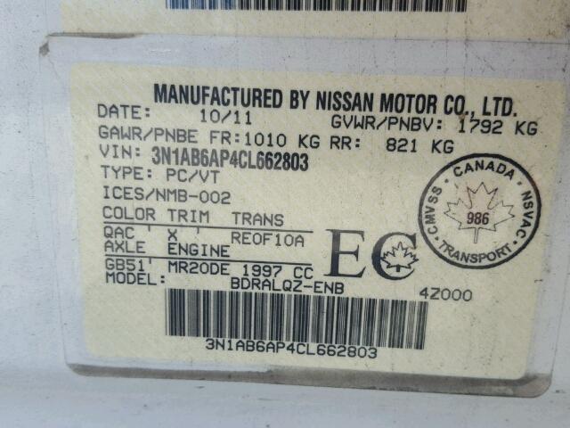 3N1AB6AP4CL662803 - 2012 NISSAN SENTRA 2.0 WHITE photo 10