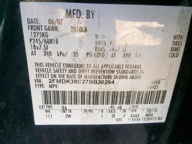 2FMDK38C27BB30264 - 2007 FORD EDGE SEL BLACK photo 10