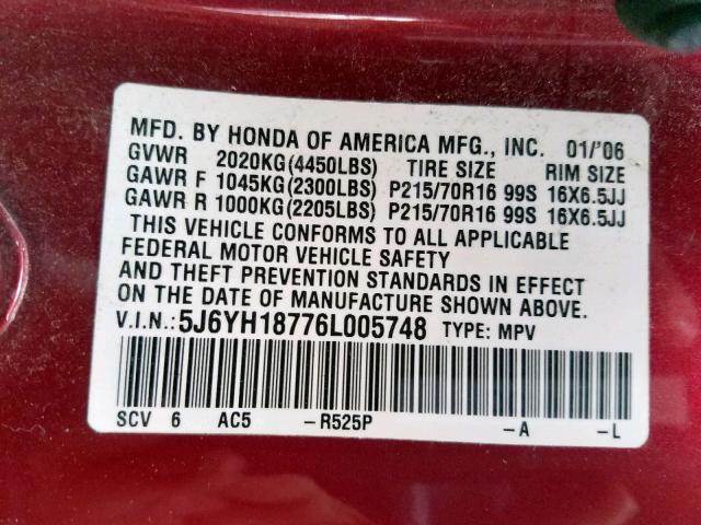 5J6YH18776L005748 - 2006 HONDA ELEMENT EX RED photo 10