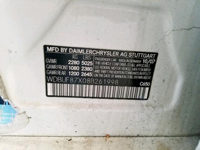 WDBUF87X08B261998 - 2008 MERCEDES-BENZ E 350 4MAT WHITE photo 10