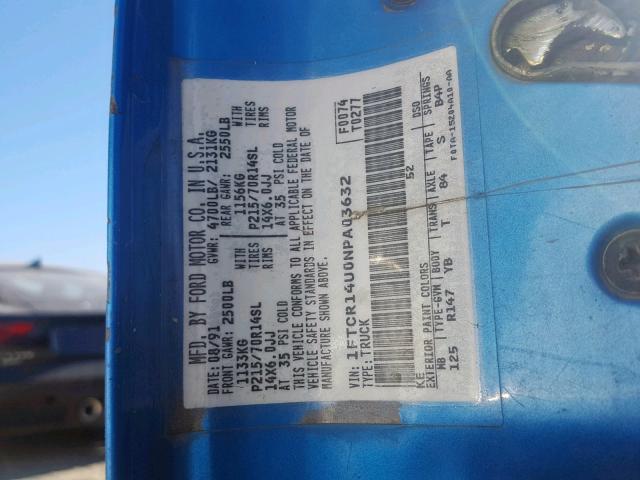 1FTCR14U0NPA03632 - 1992 FORD RANGER SUP BLUE photo 10