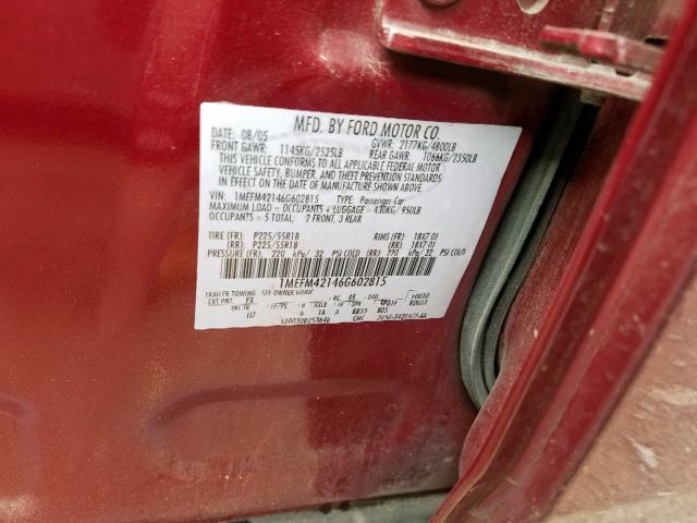 1MEFM42146G602815 - 2006 MERCURY MONTEGO PR 勃艮第红 照片 10