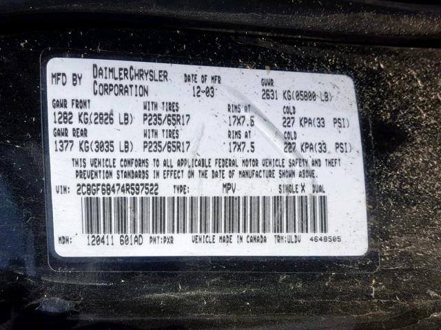 2C8GF68474R597522 - 2004 CHRYSLER PACIFICA BLACK photo 10