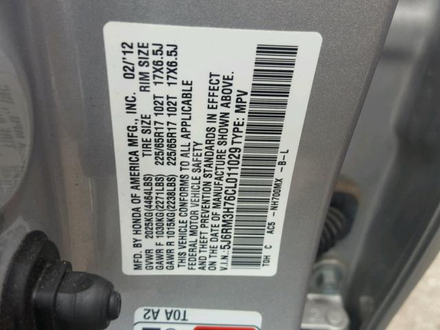 5J6RM3H76CL011029 - 2012 HONDA CR-V EXL GRAY photo 10