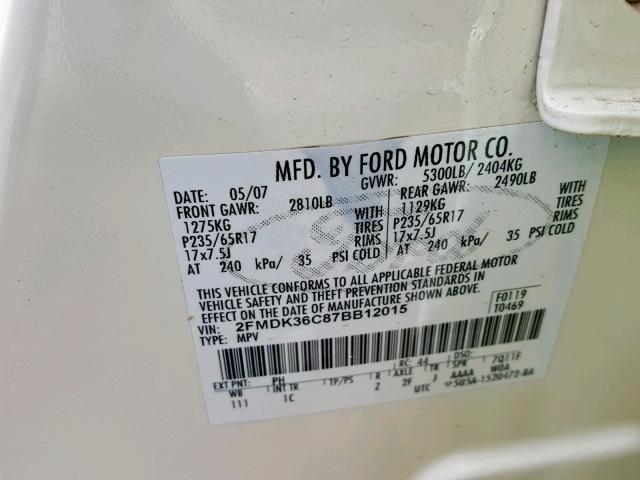 2FMDK36C87BB12015 - 2007 FORD EDGE SE CREAM photo 10