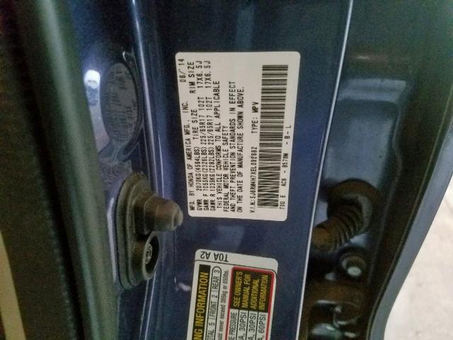 5J6RM4H7XEL092982 - 2014 HONDA CR-V EXL BLUE photo 10