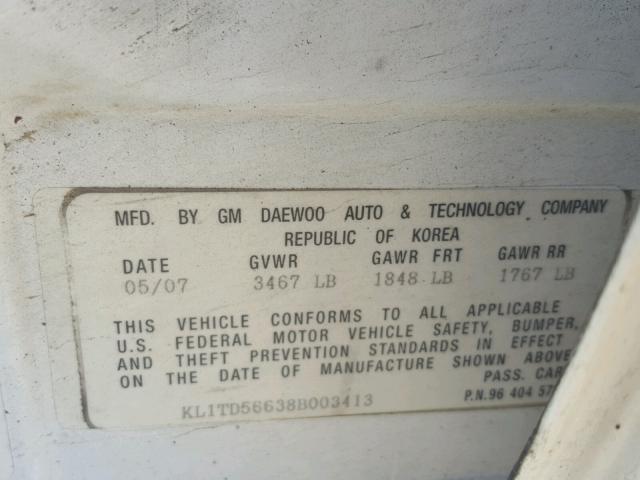 KL1TD56638B003413 - 2008 CHEVROLET AVEO BASE Ақ фото 10