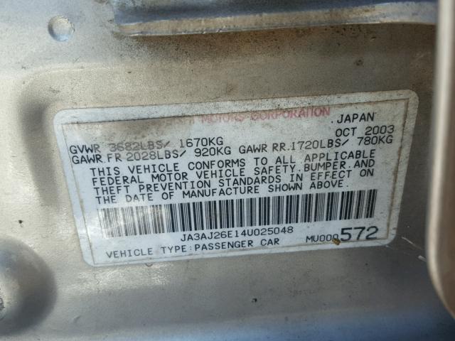 JA3AJ26E14U025048 - 2004 MITSUBISHI LANCER ES GRAY photo 10