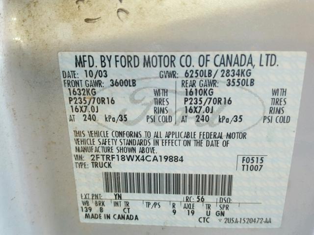 2FTRF18WX4CA19884 - 2004 FORD F-150 HERI SILVER photo 10