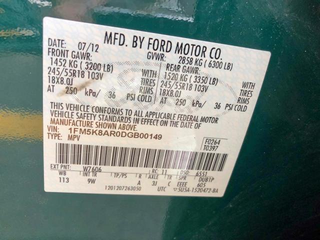 1FM5K8AR0DGB00149 - 2013 FORD EXPLORER P GREEN photo 10