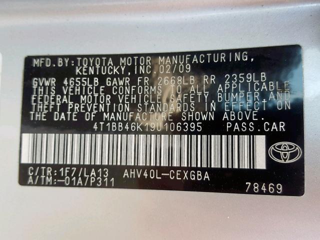 4T1BB46K19U106395 - 2009 TOYOTA CAMRY HYBR SILVER photo 10