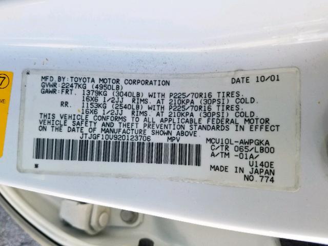 JTJGF10U920123706 - 2002 LEXUS RX 300 WHITE photo 10