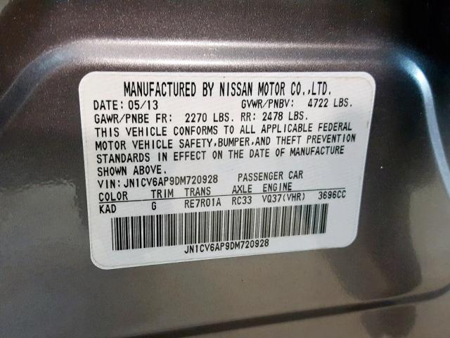 JN1CV6AP9DM720928 - 2013 INFINITI G37 BASE GRAY photo 10