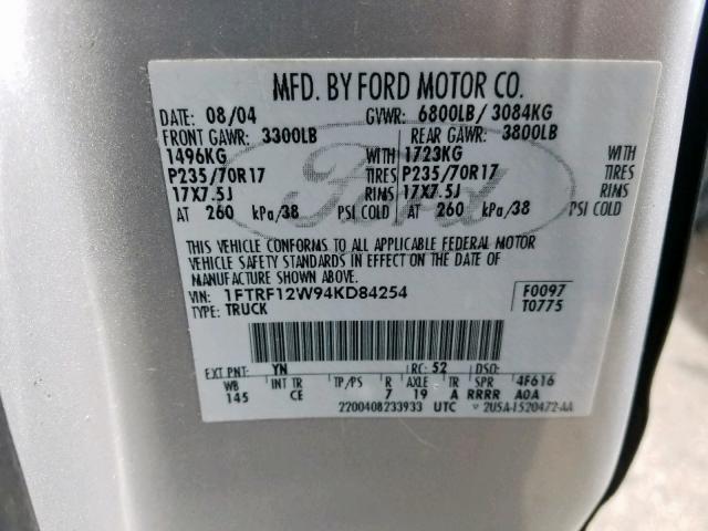 1FTRF12W94KD84254 - 2004 FORD F150  photo 10