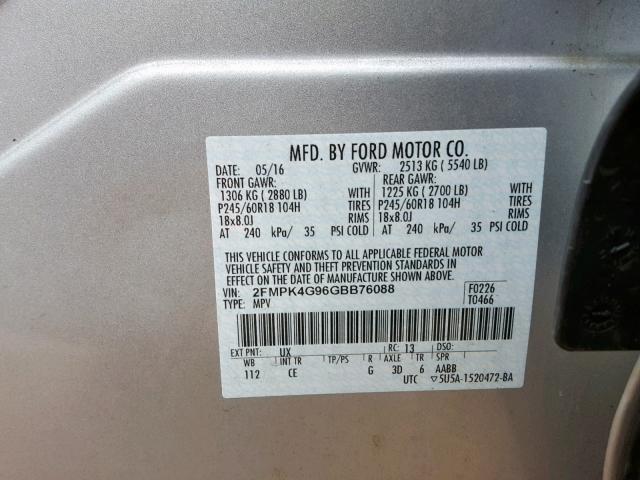 2FMPK4G96GBB76088 - 2016 FORD EDGE SE SILVER photo 10