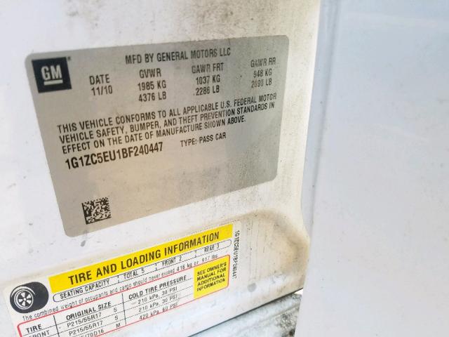 1G1ZC5EU1BF240447 - 2011 CHEVROLET MALIBU 1LT 白色 照片 10