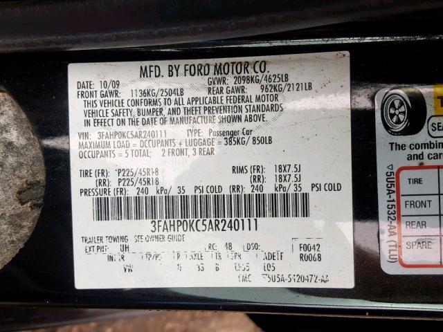 3FAHP0KC5AR240111 - 2010 FORD FUSION SPO BLACK photo 10