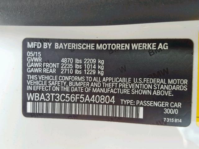 WBA3T3C56F5A40804 - 2015 BMW 435 I WHITE photo 10