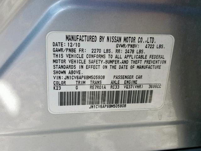 JN1CV6AP6BM505908 - 2011 INFINITI G37 BASE SILVER photo 10