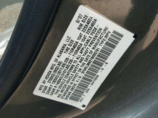 5FNRL38827B095781 - 2007 HONDA ODYSSEY TO GRAY photo 10