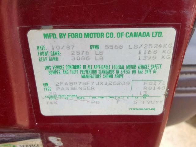 2FABP78F7JX126239 - 1988 FORD CROWN VICT BURGUNDY photo 10