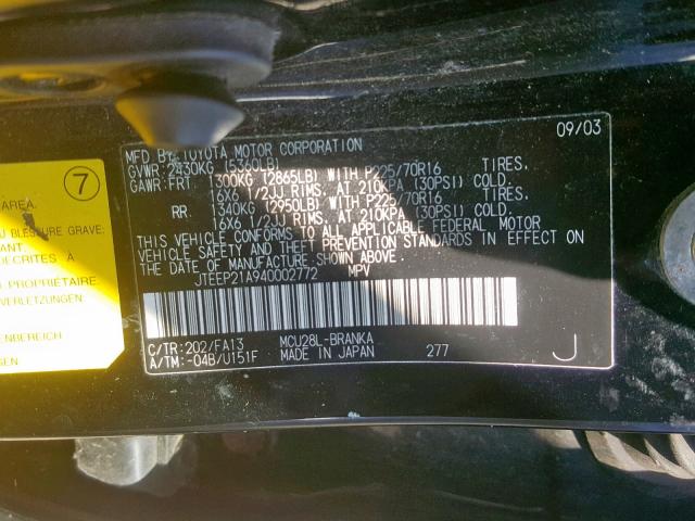 JTEEP21A940002772 - 2004 TOYOTA HIGHLANDER BLACK photo 10