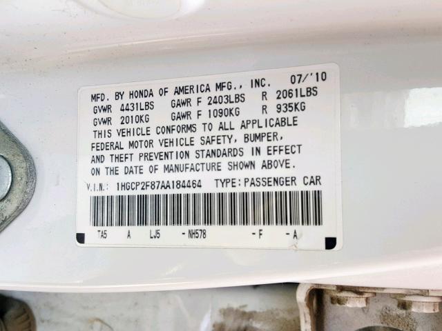 1HGCP2F87AA184464 - 2010 HONDA ACCORD EXL WHITE photo 10