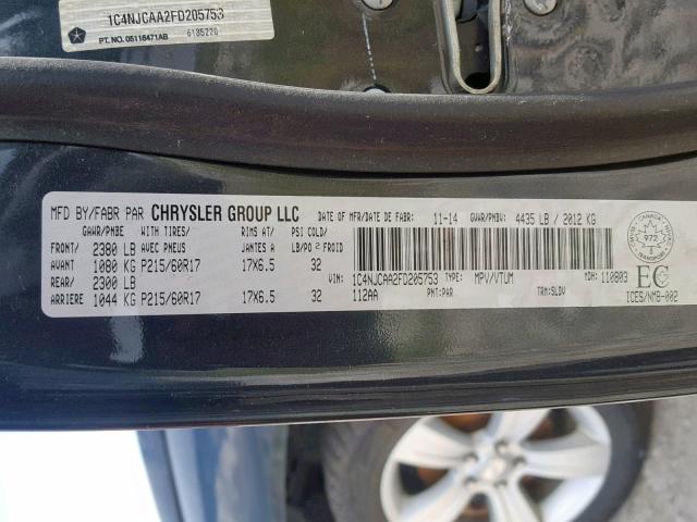 1C4NJCAA2FD205753 - 2015 JEEP COMPASS SP ნაცრისფერი ფოტო 10