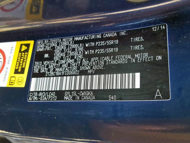 2T2BC1BA1FC006802 - 2015 LEXUS RX 450H BLUE photo 10