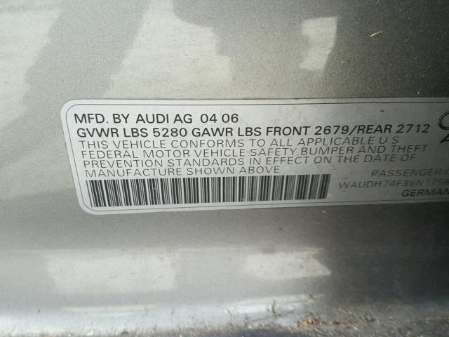 WAUDH74F36N175675 - 2006 AUDI A6 3.2 QUA GRAY photo 10