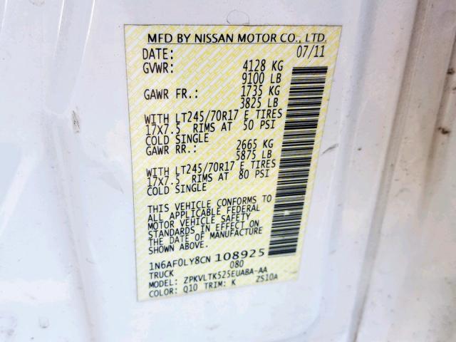 1N6AF0LY8CN108925 - 2012 NISSAN NV 2500 WHITE photo 10