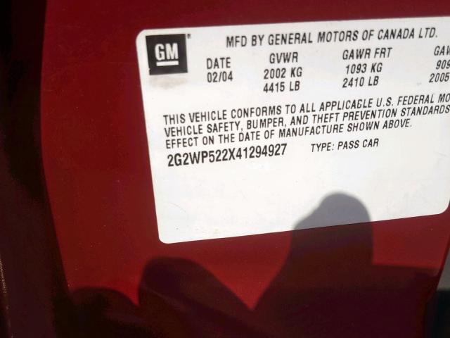 2G2WP522X41294927 - 2004 PONTIAC GRAND PRIX RED photo 10