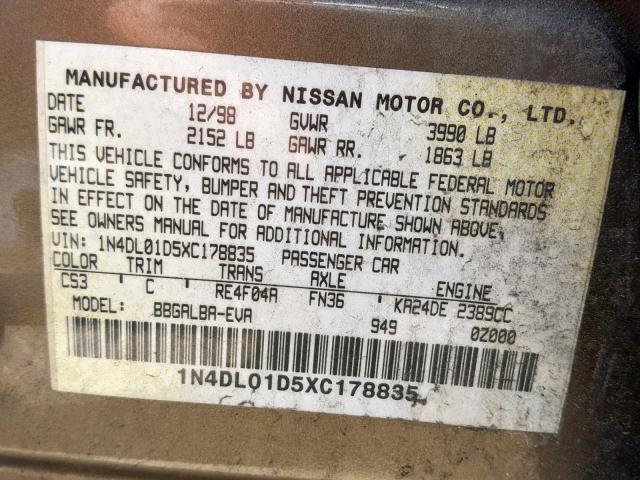 1N4DL01D5XC178835 - 1999 NISSAN ALTIMA XE GOLD photo 10