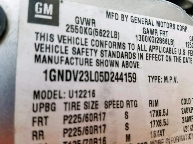 1GNDV23L05D244159 - 2005 CHEVROLET UPLANDER L ვერცხლისფერი ფოტო 10