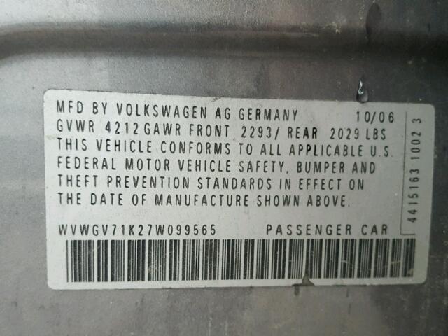 WVWGV71K27W099565 - 2007 VOLKSWAGEN NEW GTI GRAY photo 10