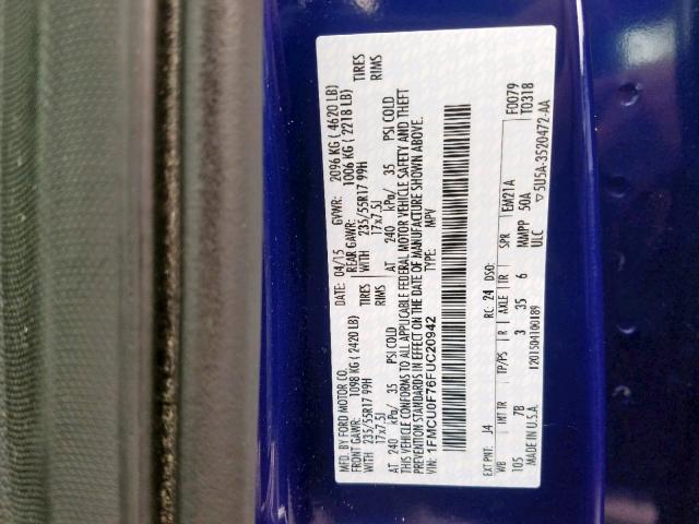 1FMCU0F76FUC20942 - 2015 FORD ESCAPE S BLUE photo 10