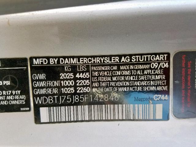 WDBTJ75J85F142846 - 2005 MERCEDES-BENZ CLK 500 SILVER photo 10