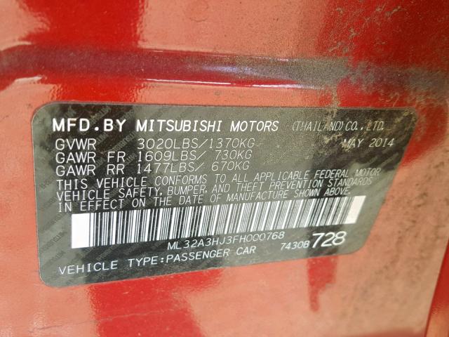 ML32A3HJ3FH000768 - 2015 MITSUBISHI MIRAGE DE RED photo 10