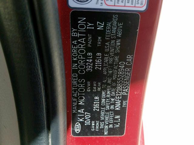 KNAFE121885528940 - 2008 KIA SPECTRA EX BURGUNDY photo 10